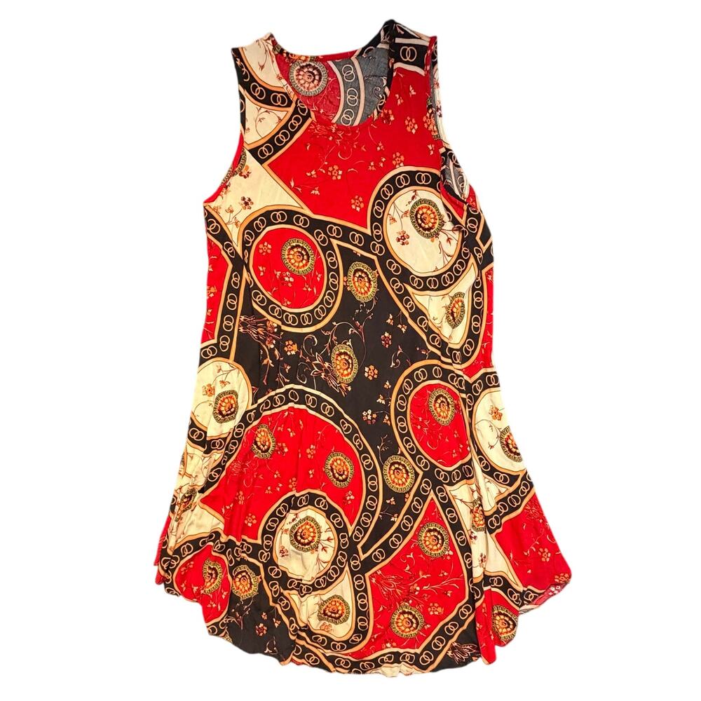 Vibrant Scarf Print Sleeveless A-Line Trapeze Dress Red Black Gold L